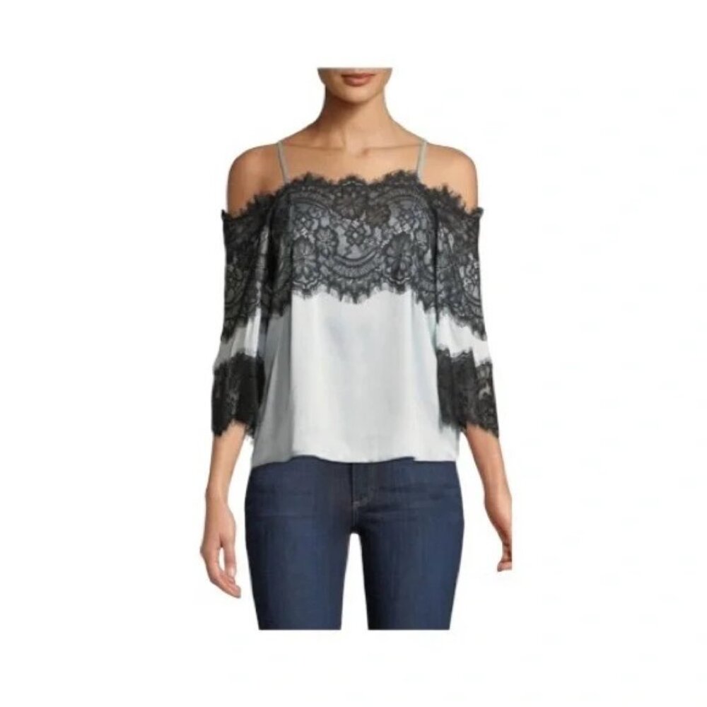 Alice & Olivia NEW Oralia Cold-Shoulder Silk Teal/Black Lace Blouse Size Small